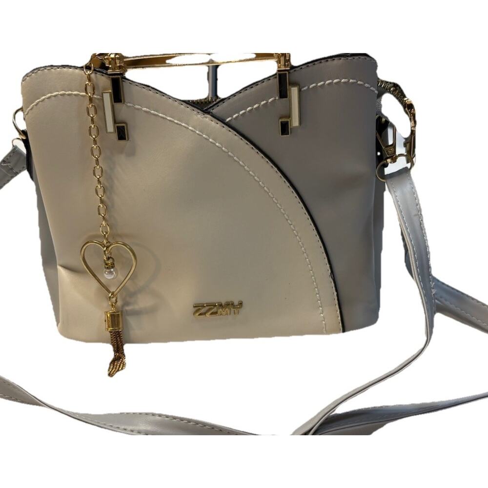 ZZMY Handbag Crossbody Satchel Bag Two Tone Cream Gray Fashion Tassel Decor